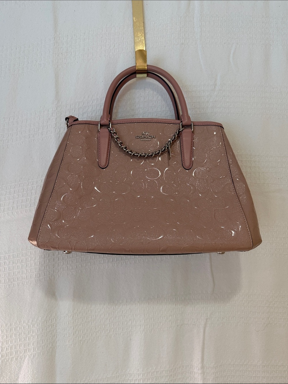 Coach Blush Patent Signature Satchel with Chain Accent